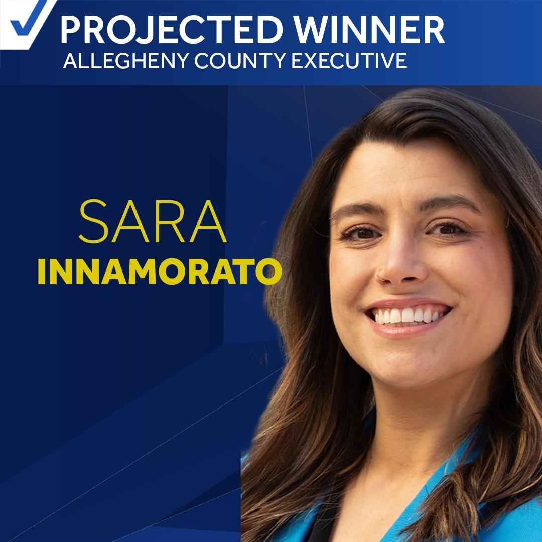 WTAE's tweet photo. BREAKING: State Rep. Sara Innamorato projected to win Allegheny County executive race, defeating Republican Joe Rockey. >> https://t.co/jt0093Hzzs https://t.co/OaFhCz9qa0