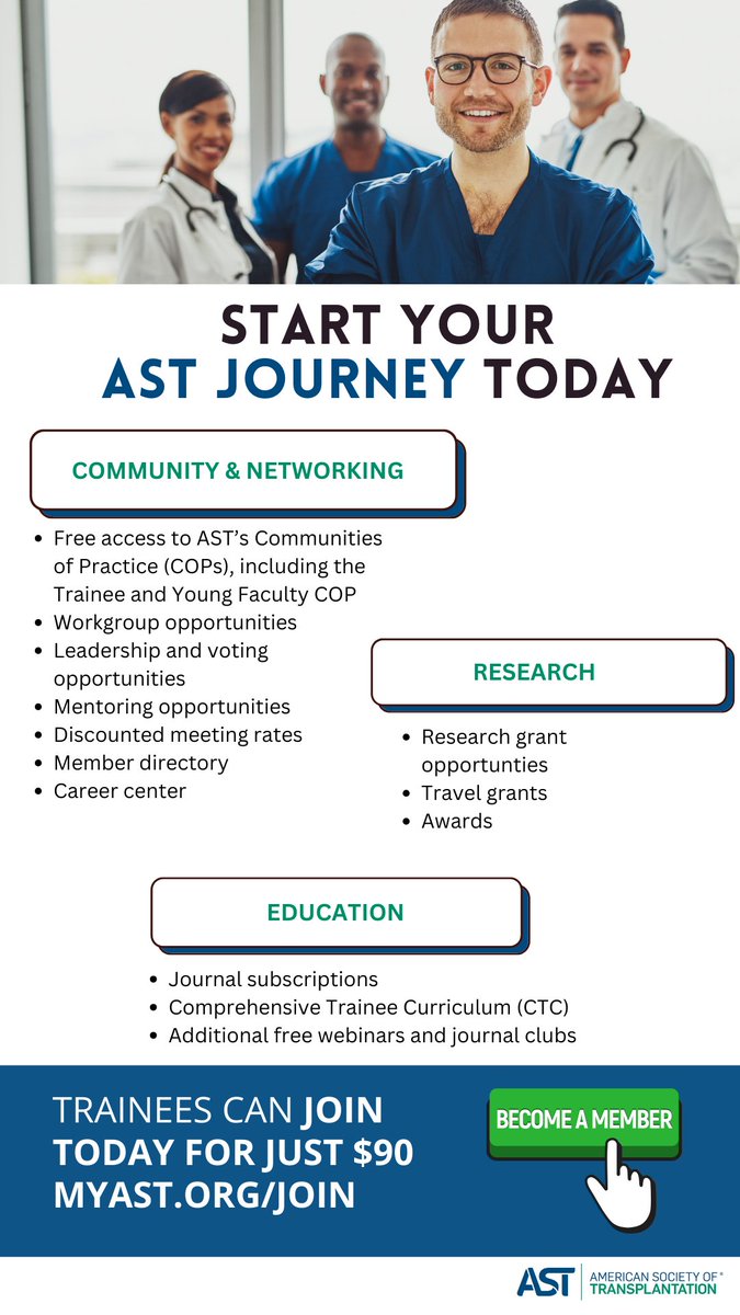 Interested in #Transplantation ? ✅ Looking for Mentorship ? ✅ Interested in Travel Awards for #ATC2024 ? ✅ Need helpful career advice in TXP ? ✅ Start your @AST_info journey here : tinyurl.com/424szeh7 Are you a trainee or a young faculty ? ✅ Join the @AST_TYFCOP !