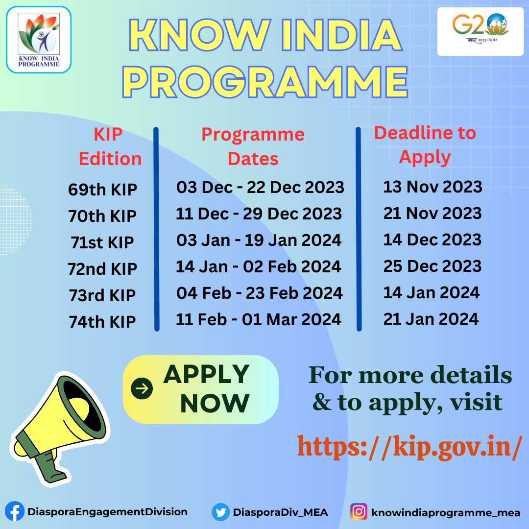 IndiainThailand's tweet image. Exciting news!
Applications are now open for the 69th-74th editions of the #KnowIndiaProgramme (#KIP) for youth of Indian origin. Unique opportunity to explore #IncredibleIndia 🇮🇳!
Learn more and apply now at 📷 kip.gov.in