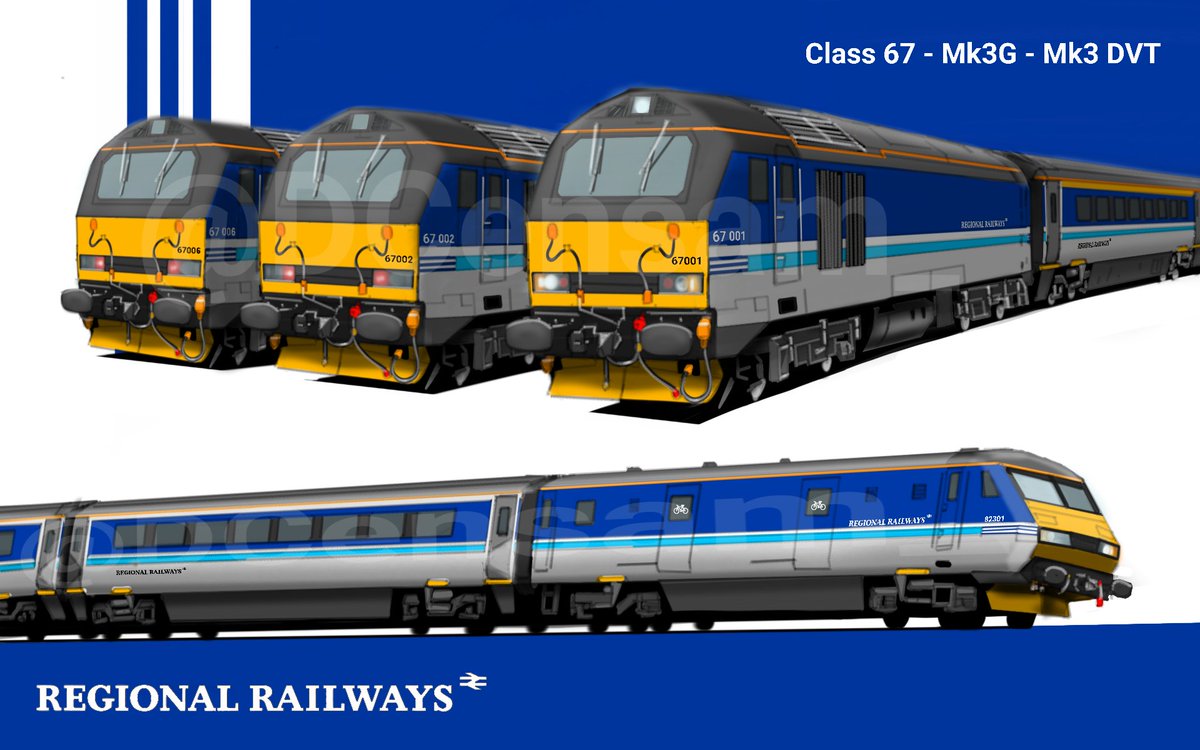#whatcouldhavebeen the replacement loco-hauled stock for #regionalrailways, including its #transpennineexpress services c. mid-2010s: #class67, ex-#gatwickexpress Mk3G, & Mk3 #DVT as outshopped in the standard Regional Railways livery. 
#britishrail