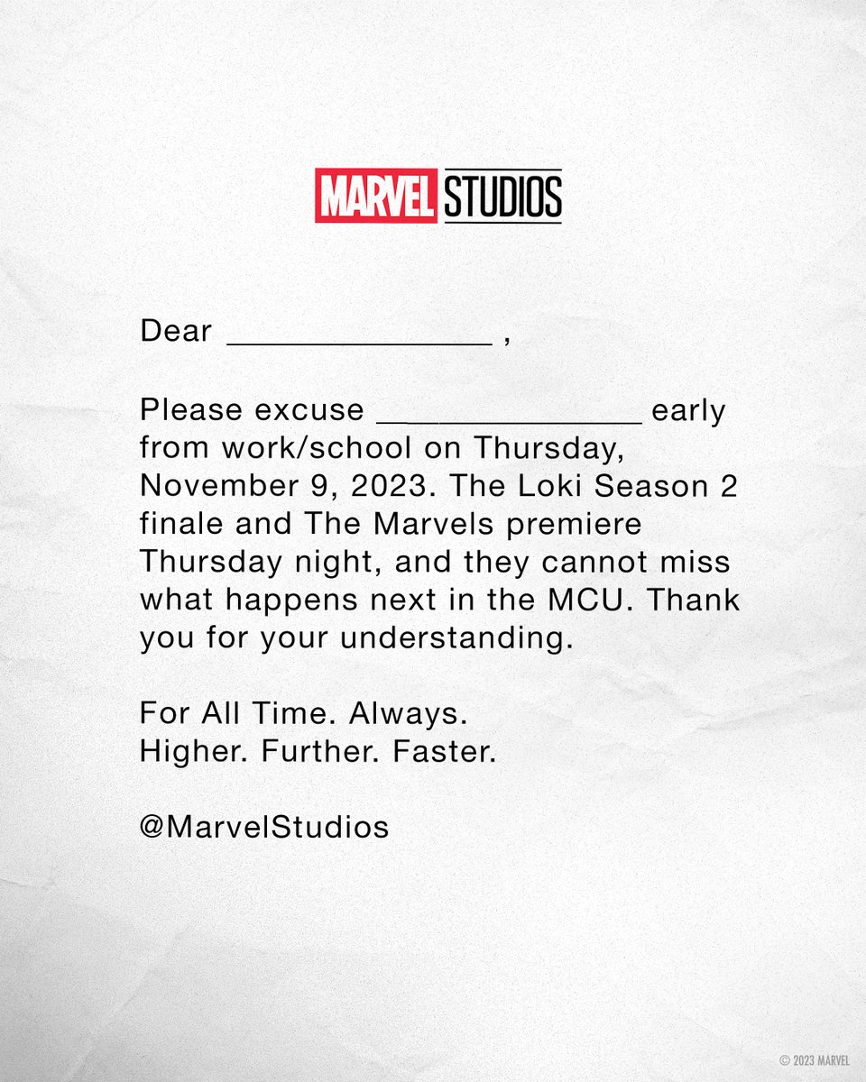 #Loki Season 2 🤝 #TheMarvels
                      Thursday Night  

Drop everything and don’t miss what happens next.