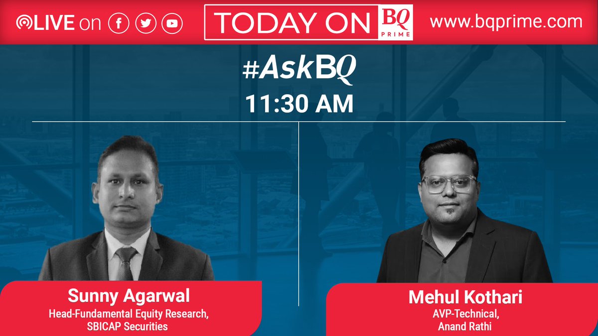 NDTVProfitAlpha's tweet photo. @religareonline @ajit_mishra001 @AgamVakil @zaggleapp @rajnphani @DhanukaLtd @Heeraal Today at 11:30 am

- #AskBQ with @_sbisecurities' @SunnyyAgrawal and @rathi_online's @MehulKothari3 

Remember to tune in! https://t.co/7yhe8UtvKN