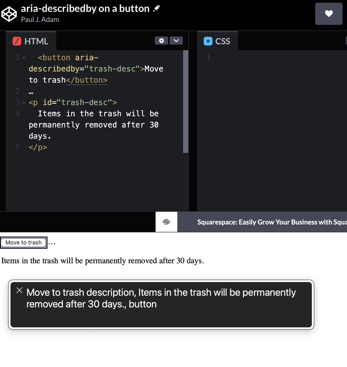 Apple has broken aria-describedby #a11y in Safari for form <input> controls! The aria-describedby text is no longer announced!

It works on a <button> still but now it adds the word "description" before speaking the aria-describedby value. 

pauljadam.com/demos/aria-des…