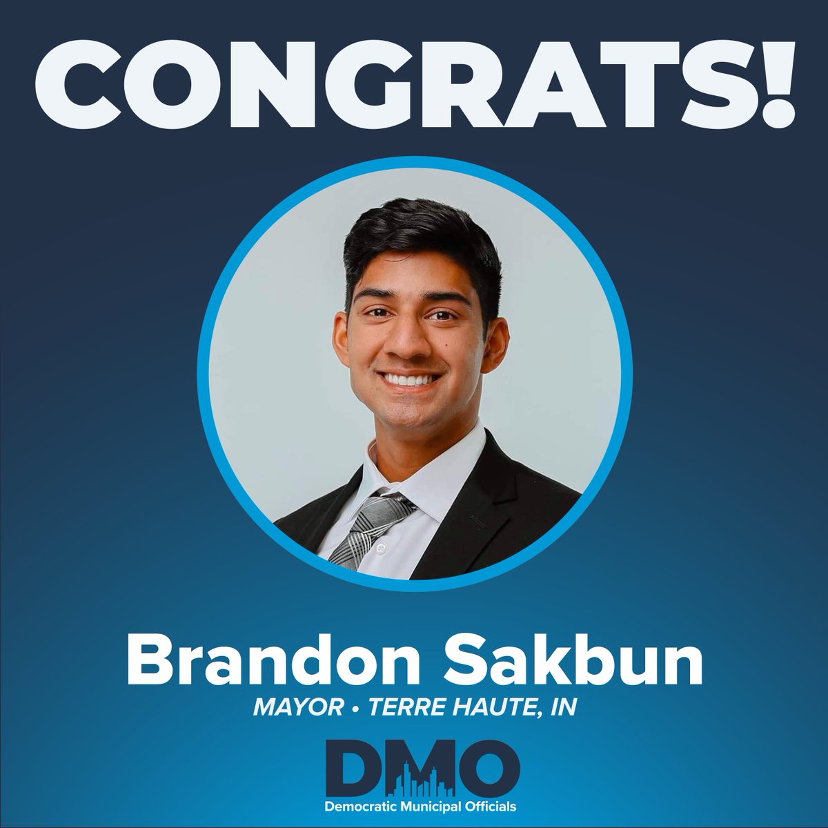 NationalDMO's tweet photo. Congrats to @BSakbun for beating a four-term Republican incumbent for Mayor of Terre Haute! 

@INDems #LocalElectionsMatter https://t.co/IjLu7aHYu2