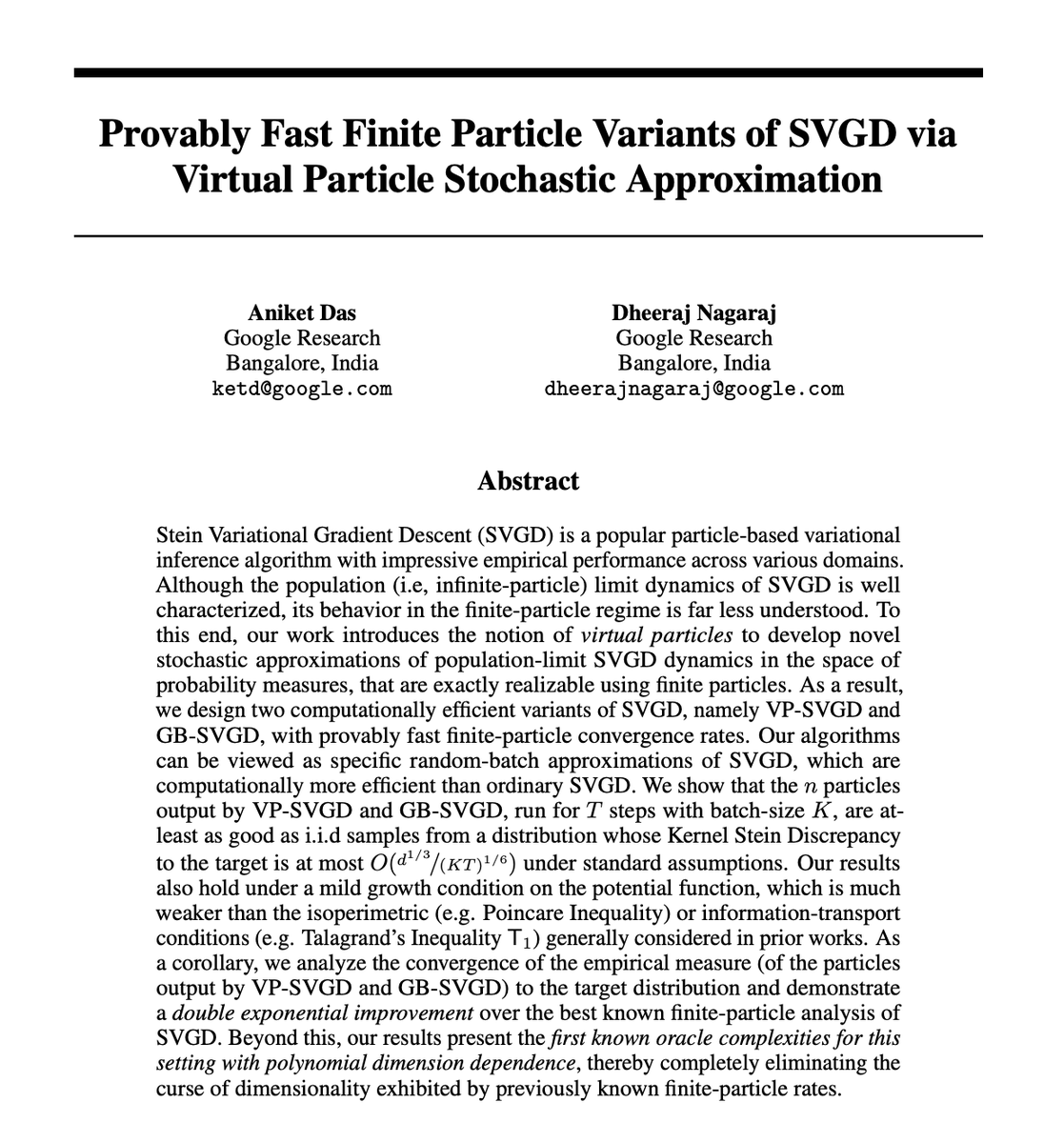 ketd47's tweet photo. Thrilled to share that my third paper as a Pre-Doctoral Researcher at @GoogleAI has been accepted as a Spotlight Paper at @NeurIPSConf #NeurIPS2023 and an Oral at #OTML
https://t.co/L1cVVtcNly
TL;DR: We designed two SVGD variants with fast finite-particle rates
🧵 ⬇️ (1/n) https://t.co/W2CCoxa5uU