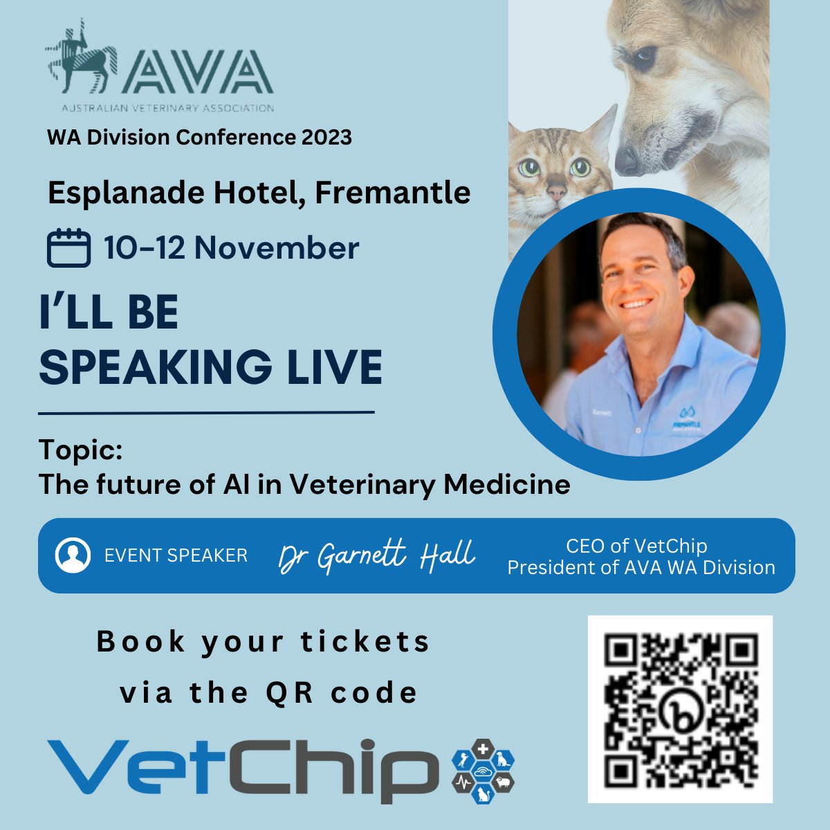 Join our CEO and AVA President WA Division Garnett Hall at this year's AVA, WA Division Conference 2023.
Garnett will be speaking live on the exciting future of AI in veterinary medicine.

#vetchip #ava #animalhealth #vet #nurse #vets #veterinary #petcare #animalwelfare #perth