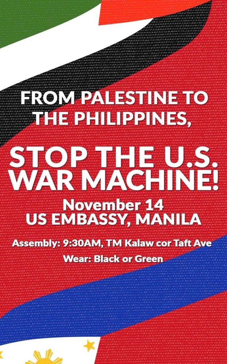 From Palestine to the Philippines, stop the US war machine!
End US support for Israel’s genocide vs Palestinians!
No to US war games and bases in the Philippines ! 
Oppose Marcos subservience to the US!