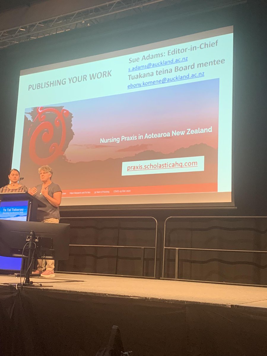 He whetu kōrua @EbonyKomene and <a href="/DrSueAdamsRN/">Sue Adams</a> presenting about the wonders of publishing with Nursing Praxis at the first Te Tai Tokerau Nursing Research Conference 2023 #conference #nursingacademia #publishwithus