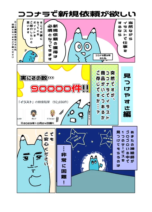 先日ココナラの販売実績が100件を突破いたしました☺ ご依頼いただいた皆様感謝してもしきれません…! 節目として、これからココナラを始められる方向けにマンガを描きました  新規案件獲得のための「見つけやすさ編」と「頼みやすさ編」でまとめてみました  どなたかの役に立てば幸いです!(1/2) #ココナラ #有償依頼