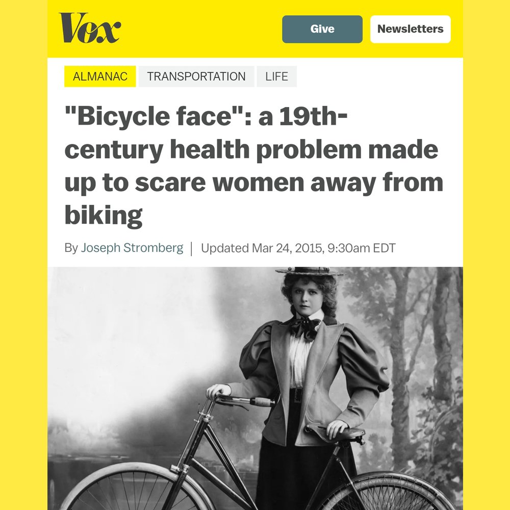 AgentsofIshq's tweet image. This week in #HistoriesofIshq read this Vox article on “bicycle face” and why women in the 19th century “suffered” from it. 

#BicycleFace #Feminism #WomensHistory #LivedExperiences #Freedom