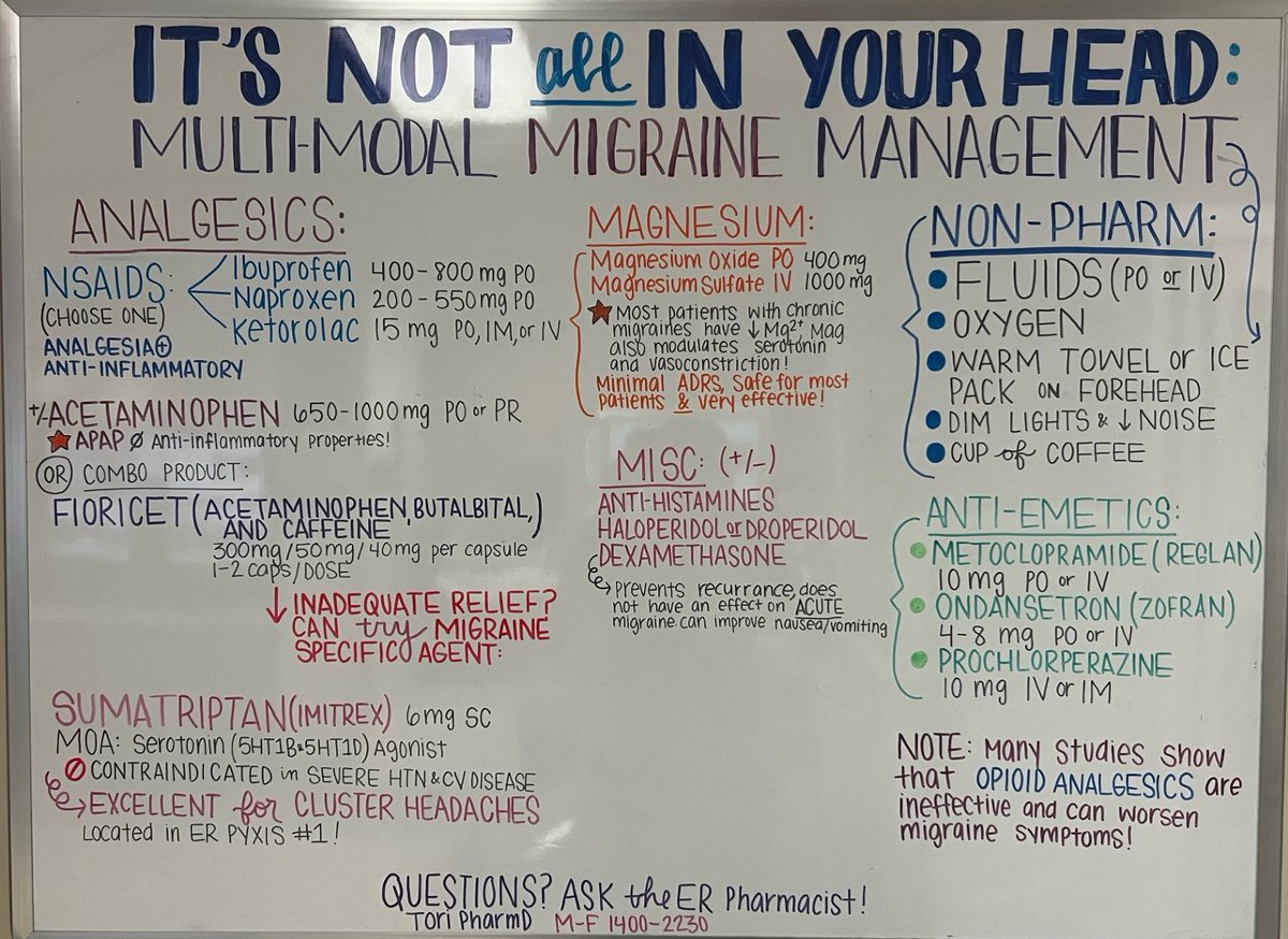 Little migraine board action: 
🧠Don't forget about mag, easy intervention (PO or IV) with minimal ADRs
🧠Infuse Mg @ 1 g/hr 

Other non-pharm tx include aromatherapy if tolerated, hot bath/shower, sleep, accupuncture. Any others?

PMID: 37542624
#twitterx #emergencymedicine