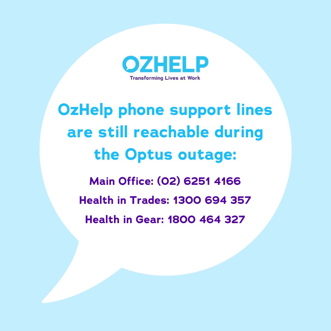 Optus is currently experiencing a national mobile and broadband outage, however OzHelp's main office line and 24/7 program support lines remains operational. Alternatively you can contact us at bit.ly/3QvlhRj. We apologise for any inconvenience this may cause.