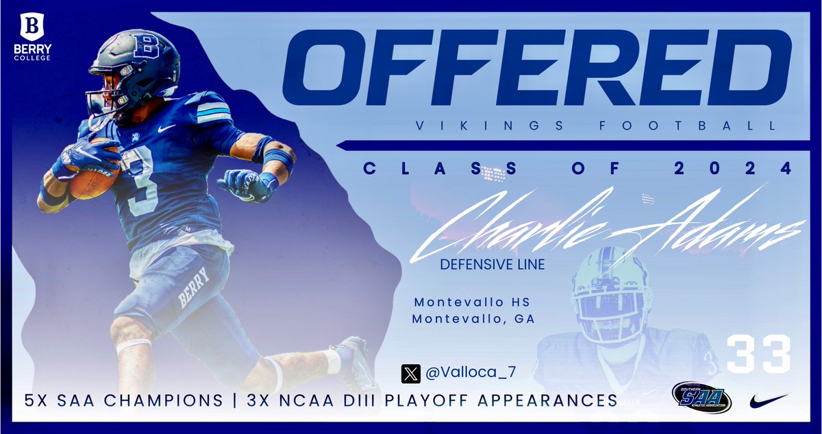 valloca_7's tweet photo. #AGTG After a great Conversation with @CoachG_55 I’m blessed to receive a offer from Berry College #skovikes @Coach_Boren @kingj_jim @GarrettLanger2 https://t.co/8OvzVuZoSp