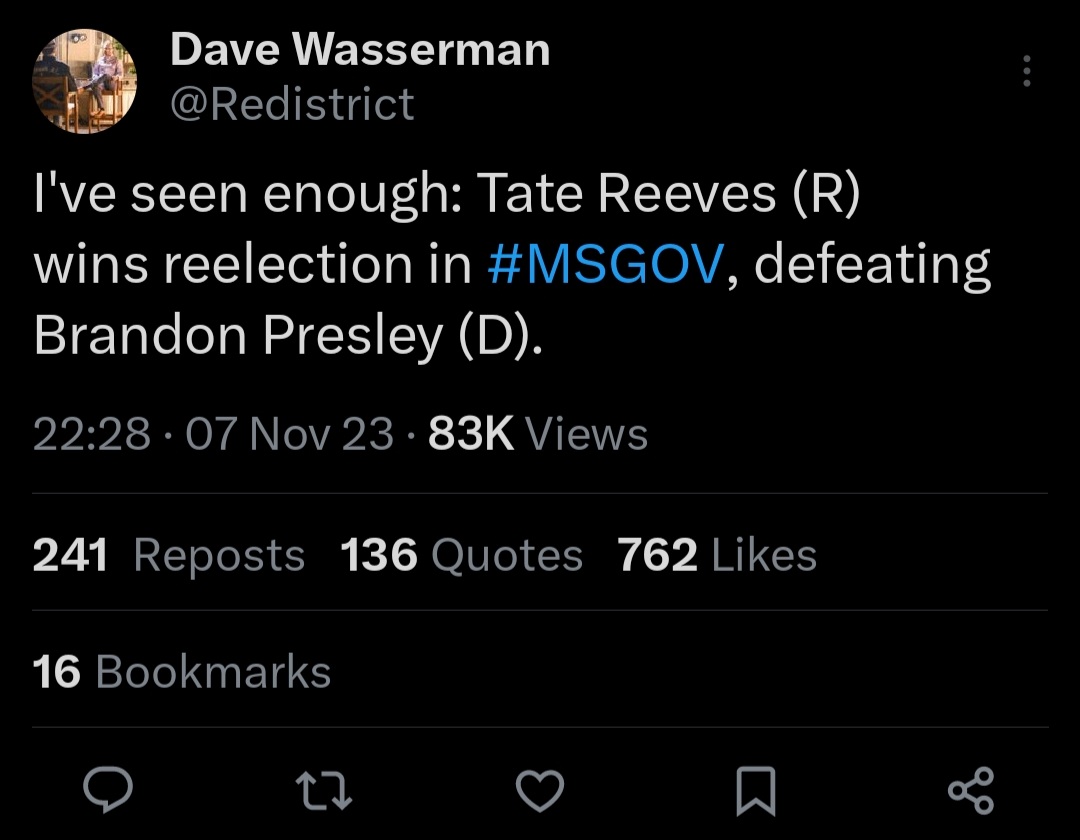 Jackson, the state's largest city, hasn't even reported anything yet. It'd be a surprise if Presley won, but this is just malpractice. #MSGov