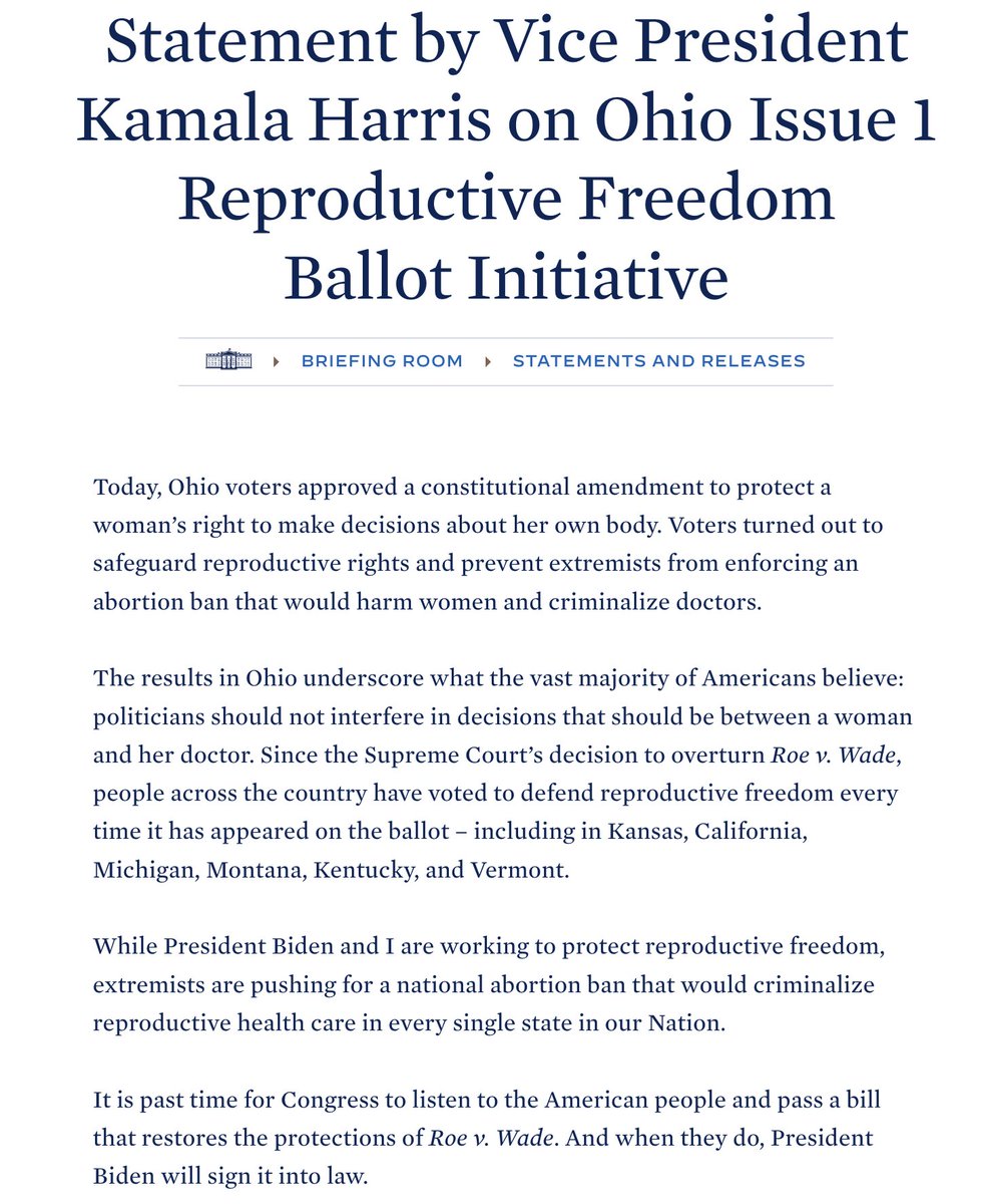 MeidasTouch's tweet photo. "The results in Ohio underscore what the vast majority of Americans believe: politicians should not interfere in decisions that should be between a woman and her doctor."

@VP weighs in on the passage of Issue 1 in Ohio. https://t.co/6yr9tknltn