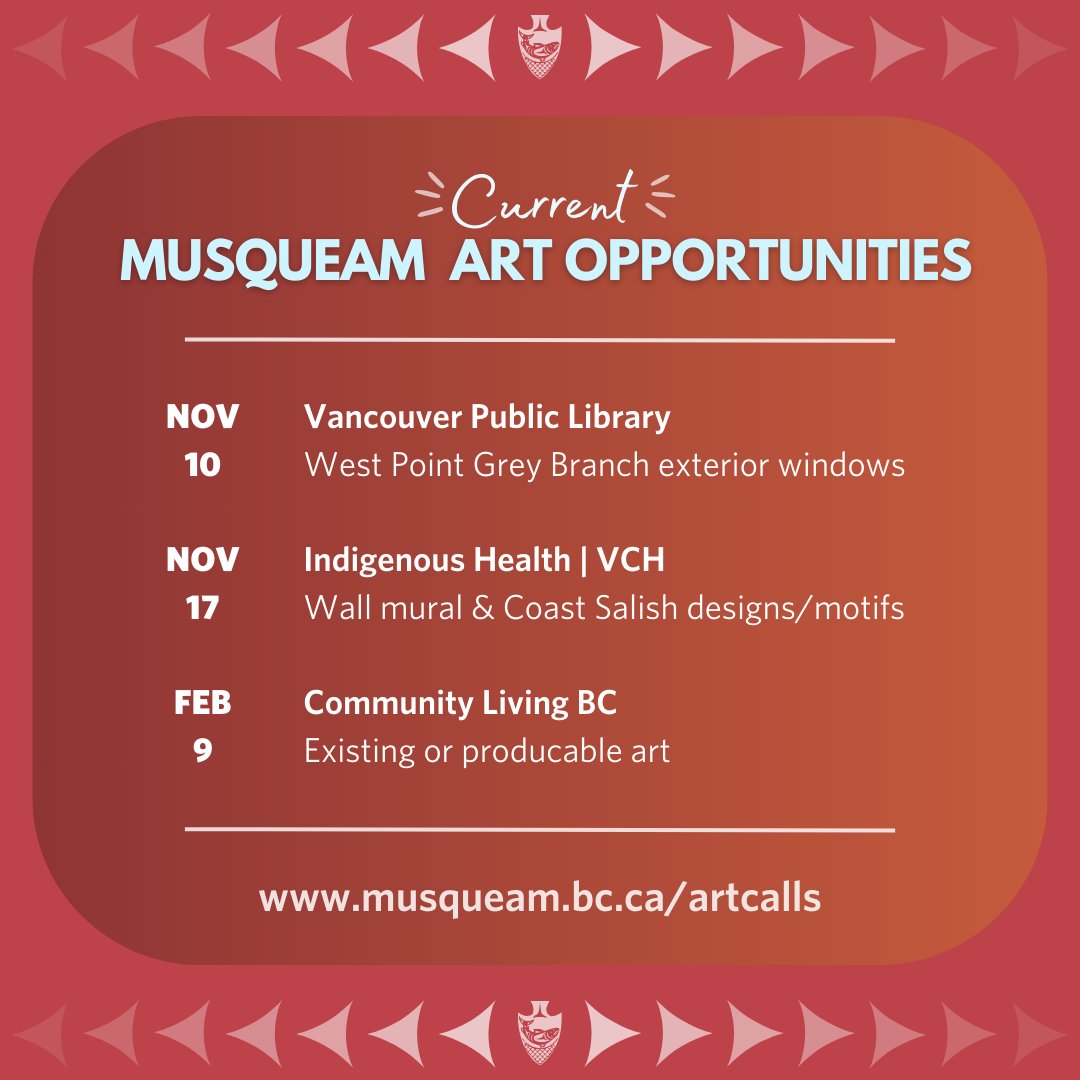 There are three art opportunities for Musqueam artists open now! 

Check out our website more info: musqueam.bc.ca/artcalls