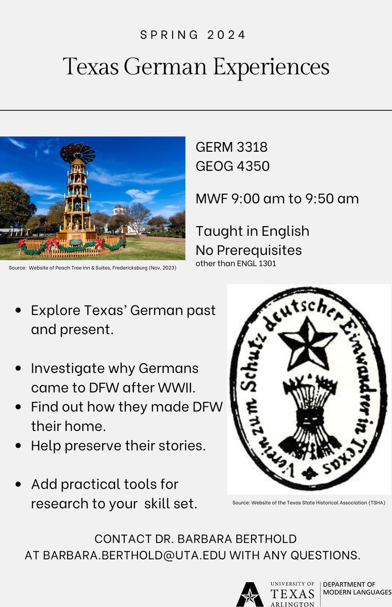 UTA Department of Modern Languages (@utamodlangs) on Twitter photo Discover a unique facet of Texas diverse ethnic landscape this Spring 2024!
Contact Dr. Barbara Berthold at barbara.berthold@uta.edu for any questions! Discover a unique facet of Texas diverse ethnic landscape this Spring 2024!
Contact Dr. Barbara Berthold at barbara.berthold@uta.edu for any questions!