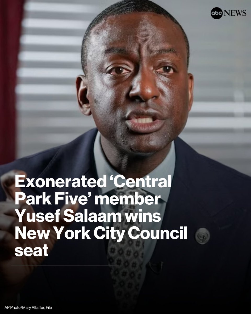 ABC's tweet photo. Exonerated “Central Park Five” member Yusef Salaam won a seat on the New York City Council, the AP projected. https://t.co/oc0eOPSzQ4 https://t.co/bdwpVIYKjJ