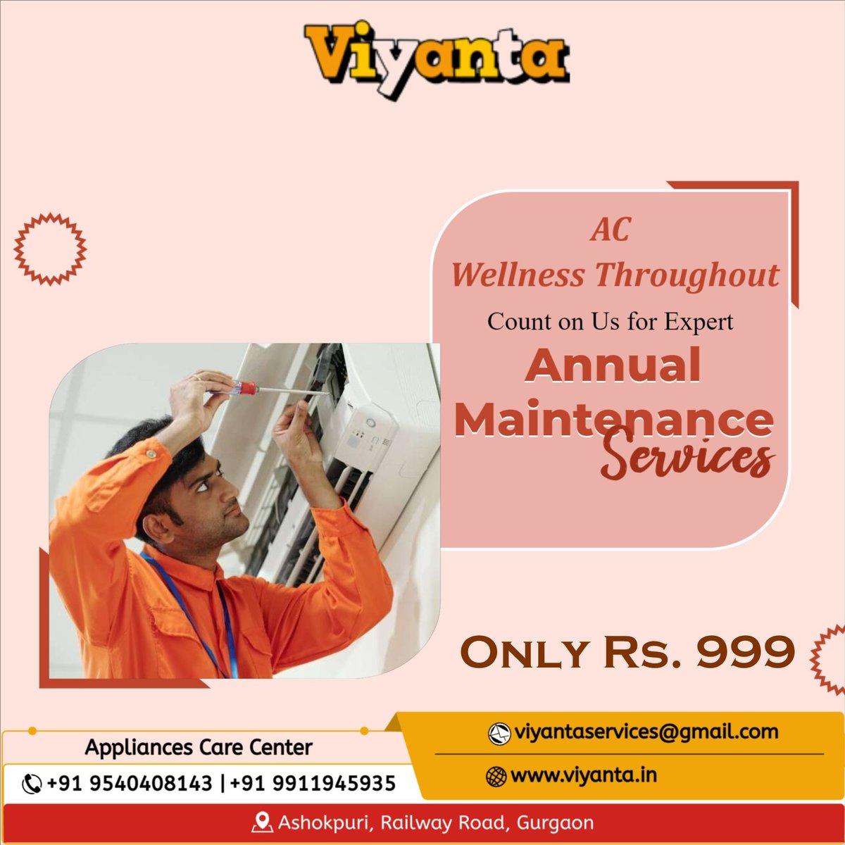 ViyantaServices's tweet image. "Stay cool and comfortable year-round with our AC AMC at just ₹999. Our Annual Maintenance Contract offers expert servicing and maintenance for your air conditioner, ensuring it runs efficiently and extends its lifespan.  Call 9911945935
viyanta.in
#acrepair #acamc