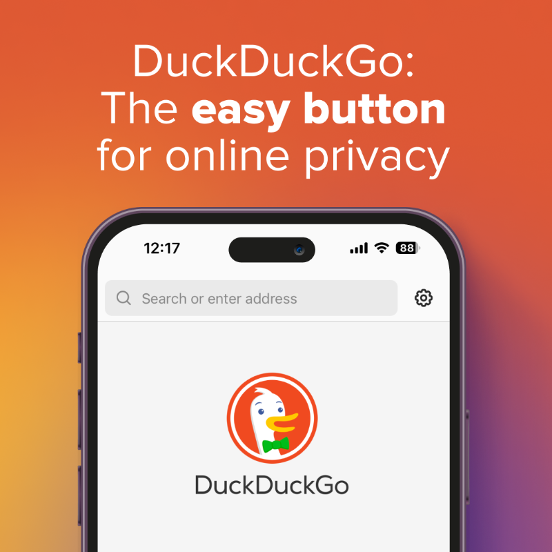 DuckDuckGo's tweet photo. Download DuckDuckGo to get a browser that, unlike Chrome, doesn’t track you and blocks creepy ads that follow you around. It also comes with our search engine that, unlike Google, is private and doesn't spy on your searches. https://t.co/giC4a6p2ug