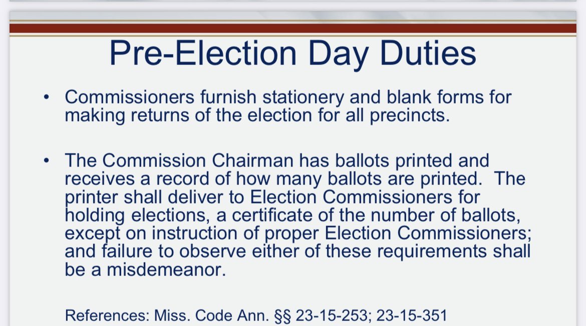 PolicyandPumps's tweet image. State law requires the Commission Chairman order ballots, failure to do so is considered a misdemeanor. Where is lady  justice and the Hinds County DA? 
#AskMeHowIKnow #SignedAFormerCommissioner @radamsWAPT @Bakey_Jo @ashtonpittman