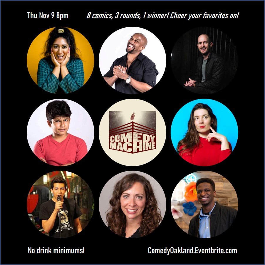 COMEDY MACHINE is a one-night, three-round comedy tournament featuring eight comedians all competing to be chosen as the champion. Audiences vote by loudly cheering for your favorites! Get tix: eventbrite.com/e/comedy-oakla… Use code GOOG for 20% OFF