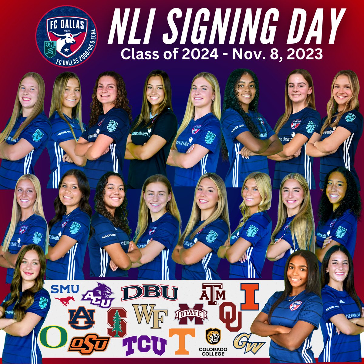 Tomorrow we honor our CLASS of 2024 as they sign their @NCAAWomenSoccer National Letter of Intent committing to be student athletes❗️#DTID #CEFHAI #19signees 📍FC Dallas Performance Center ⏰ 7:30-8:30 PM @FCDwomen | @ECNLgirls