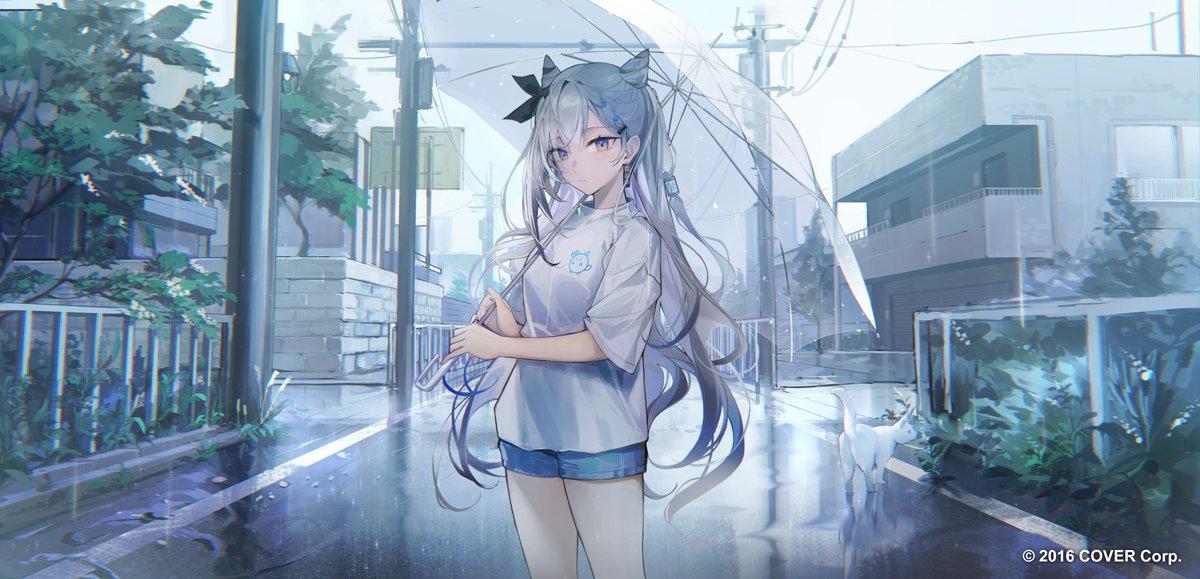 1girl umbrella long hair shorts shirt solo rain  illustration images