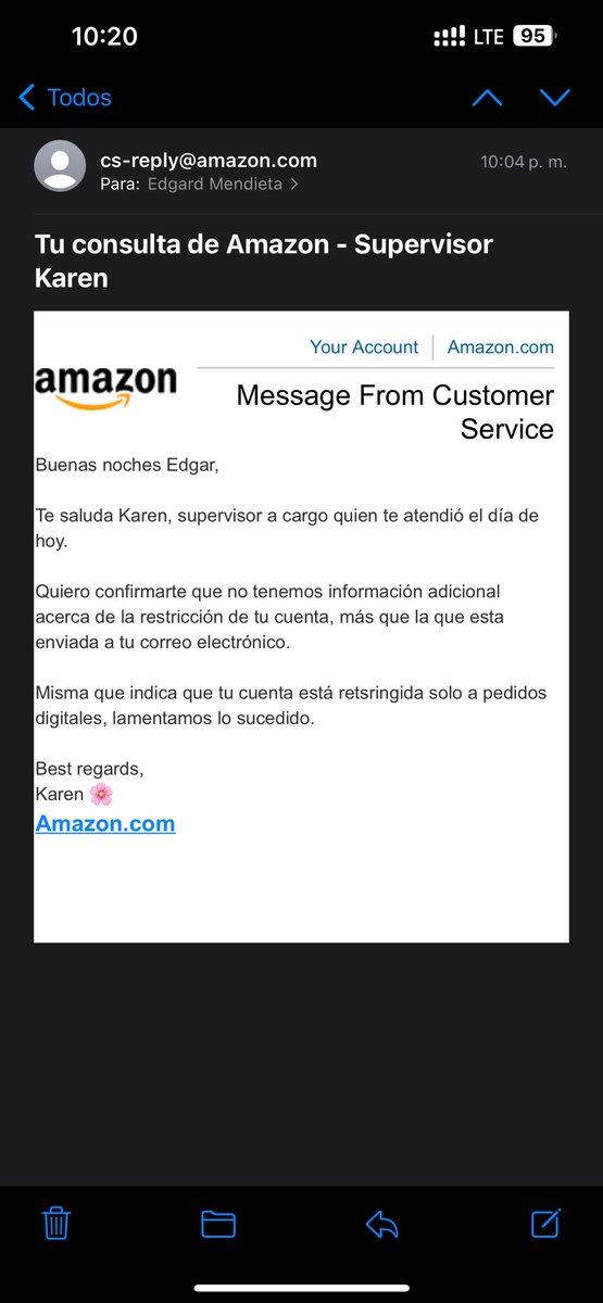 edgard_mendieta's tweet image. Hi Gerardo, is this regular CS support? Because if it is I already tried reaching out several times and all I get is “you have to reply to that email and the department in charge of the restrictions will reply to you” 😐 #Amazon #AmazonIssues @amazon