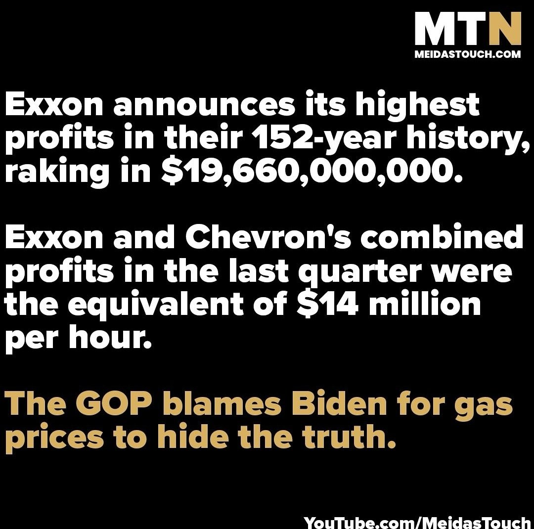 In California we pay $5 a freaking gallon,EVERYONE  knows this is price gouging,yet nothing's done about it. We want to worry about people on welfare and poor people getting the help they need.
 Meanwhile these bastards are making $14M an hour #Exxon #Chevron #RecordProfits