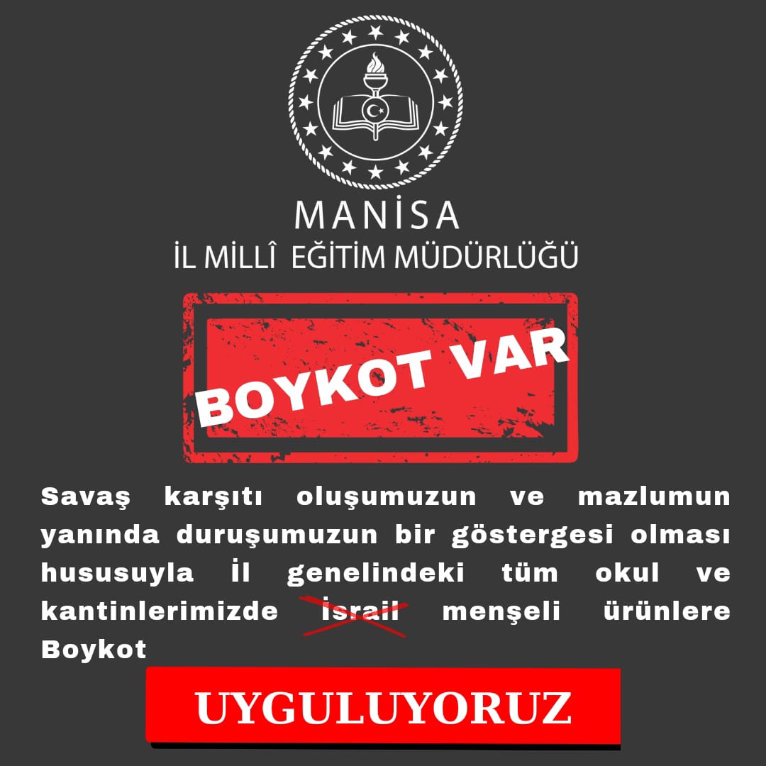 Kırkağaç  İlçe Milli Eğitim Müdürlüğü olarak ilçemizdeki tüm okul ve kantinlerimizde İsrail meşeli ürünlere boykot çağrısına destek veriyoruz.