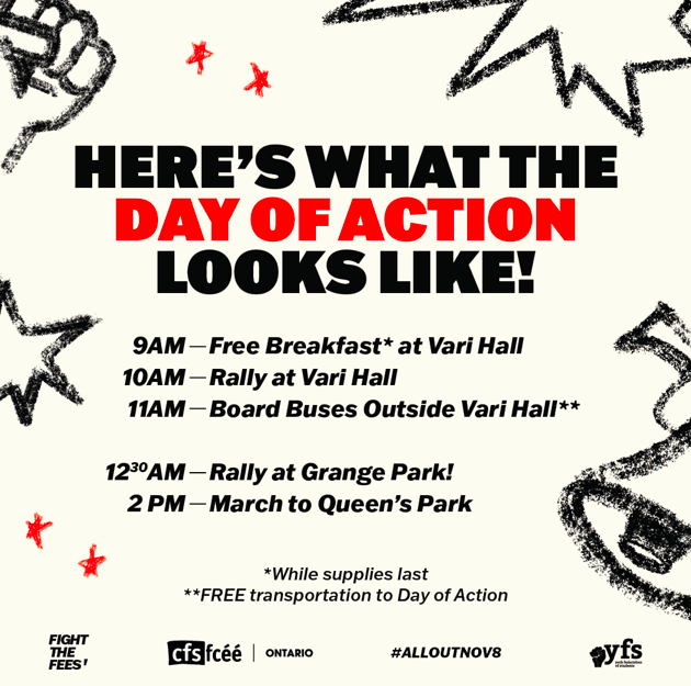 #CallToAction Accessing post-secondary education is harder now more than ever. With the rising cost of tuition, housing, food + transportation, students are struggling to survive. Join the National Day of Action for Free Education on Nov 8th: yfs.ca/alloutnov8