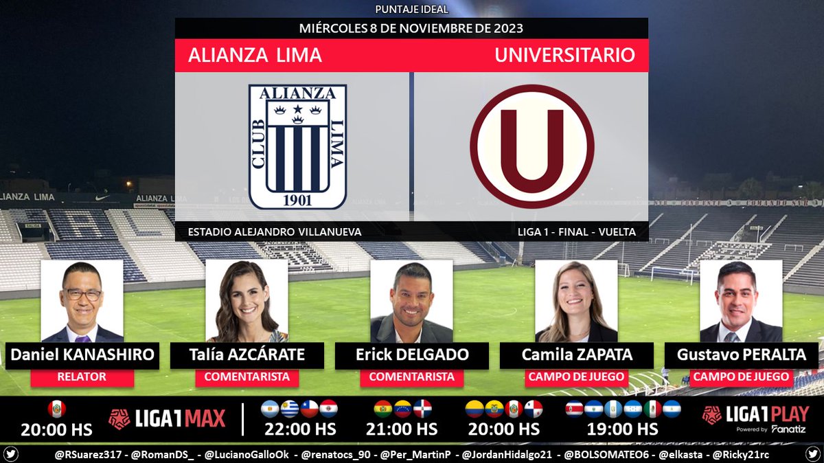 Puntaje_Ideal's tweet photo. ⚽ #Liga1 🇵🇪 (Final 2023 - Vuelta) | #AlianzaLima vs. #Universitario
🎙 Relator: @danykanashiro
🎙 Comentaristas: @taliaazcarate y @ErickDe1
🎙 Campo de juego: @zapccamila y @Gustavo_p4
📺 #Liga1Max 🇵🇪
💻📱 #Liga1Play by #Fanatiz 🌎
🤳 #UnaLigaParaTodos
Dale RT 🔃 https://t.co/QVMygmscky