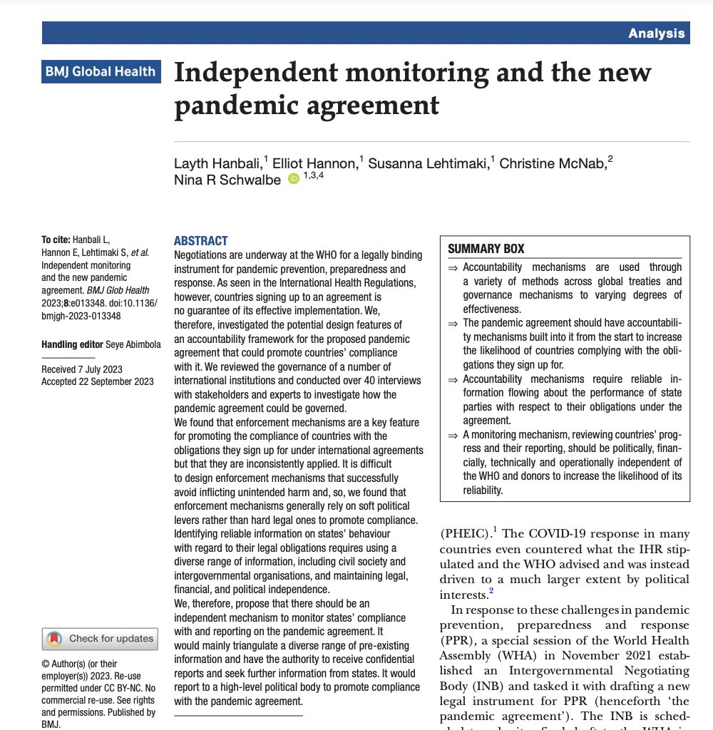 <a href="/GlobalHealthBMJ/">BMJ Global Health</a> ⚠️Independent monitoring should:

✅review states’ adherence to legal obligations
✅triangulate self-reporting and peer review
✅be politically, financially, technically, and operationally independent of countries, WHO, and donors

🚨Read our analysis 👇🏼 
bit.ly/indbmj