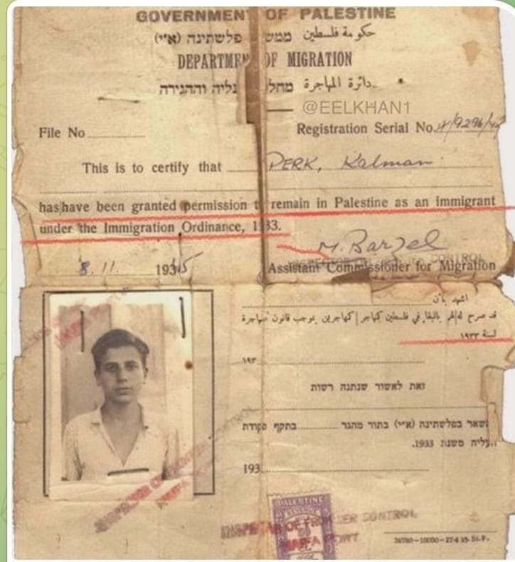 Visa card of a Jew who entered #Palestine in 1935.  Written on his paper in 3 languages ​​by the Palestinian government:
 He is allowed to stay in Palestine as a refugee under the 1933 refugee laws.
#Gaza
#غزه_تقاوم_وستنتصر