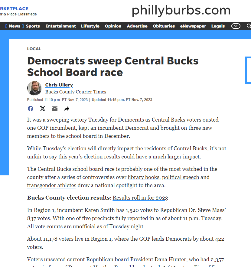 ErinInTheMorn's tweet photo. Major news for trans students in PA!  Dems have swept all Central Bucks County school district races! 

In 2021, Moms 4 Liberty took over the district and passed brutal anti-trans policies. 

Anti-trans politics do not win elections, at least not in Bucks County. https://t.co/GBiFtX3gQF