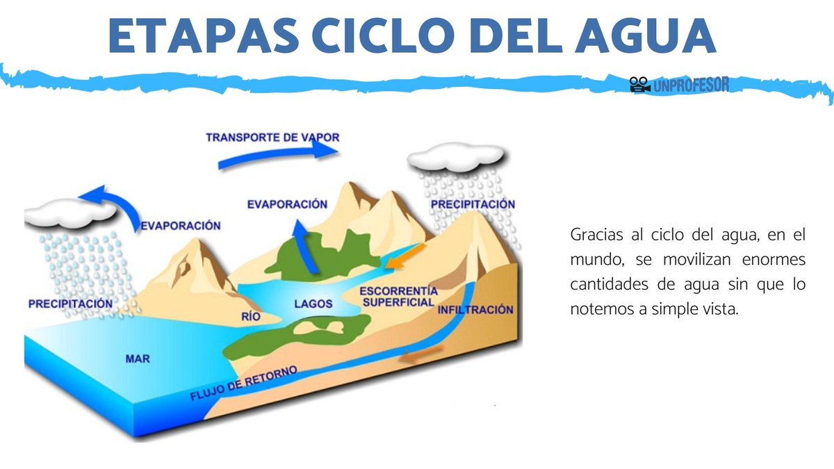 Dato curioso
En 100 años, 1 molécula de agua pasa 98 años en el océano, 20 meses como hielo, 2 semanas en lagos y ríos y unos días en la atmósfera.