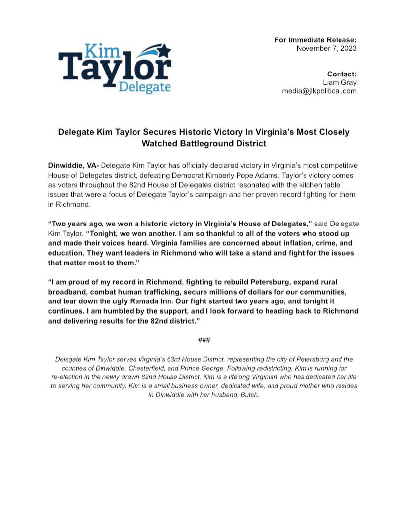 🚨 I’m proud to announce that we have officially won re-election in a Virginia’s 82nd District. Thank you all so much for your support. 

See our full press release below: