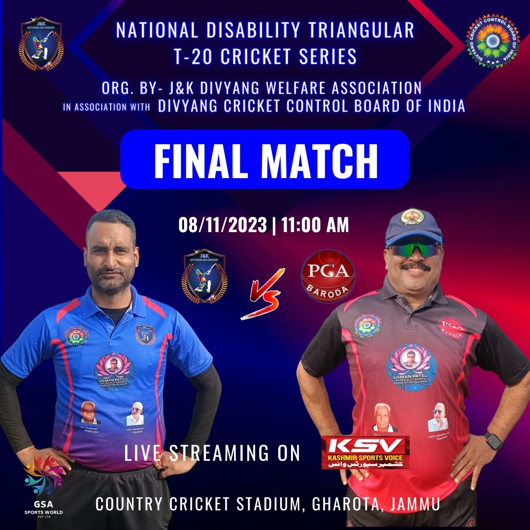 The #GrandFinale of National Disability Triangular T-20 Cricket Series organized by J&K Divyang Welfare Association in association with Divyang Cricket Control Board of India will be played between #JammuKashmir and #Baroda at Country Cricket Stadium, Gharota, Jammu.
.
#DCCBI