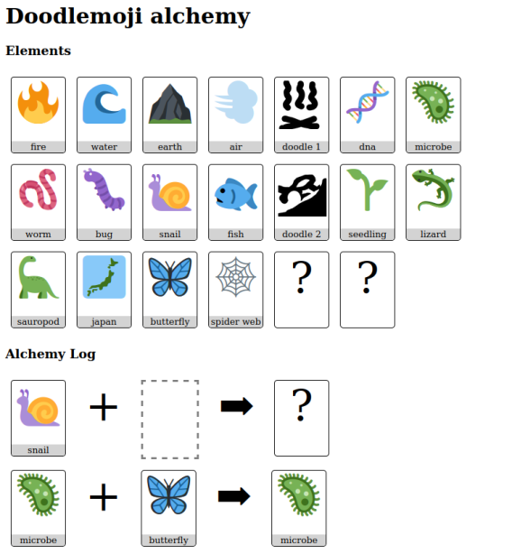 unchoke's tweet photo. #hackaday Day 06. Doodlemoji Alchemy, a small game. https://t.co/jErcqsa7vq https://t.co/sCSlgqZYVn