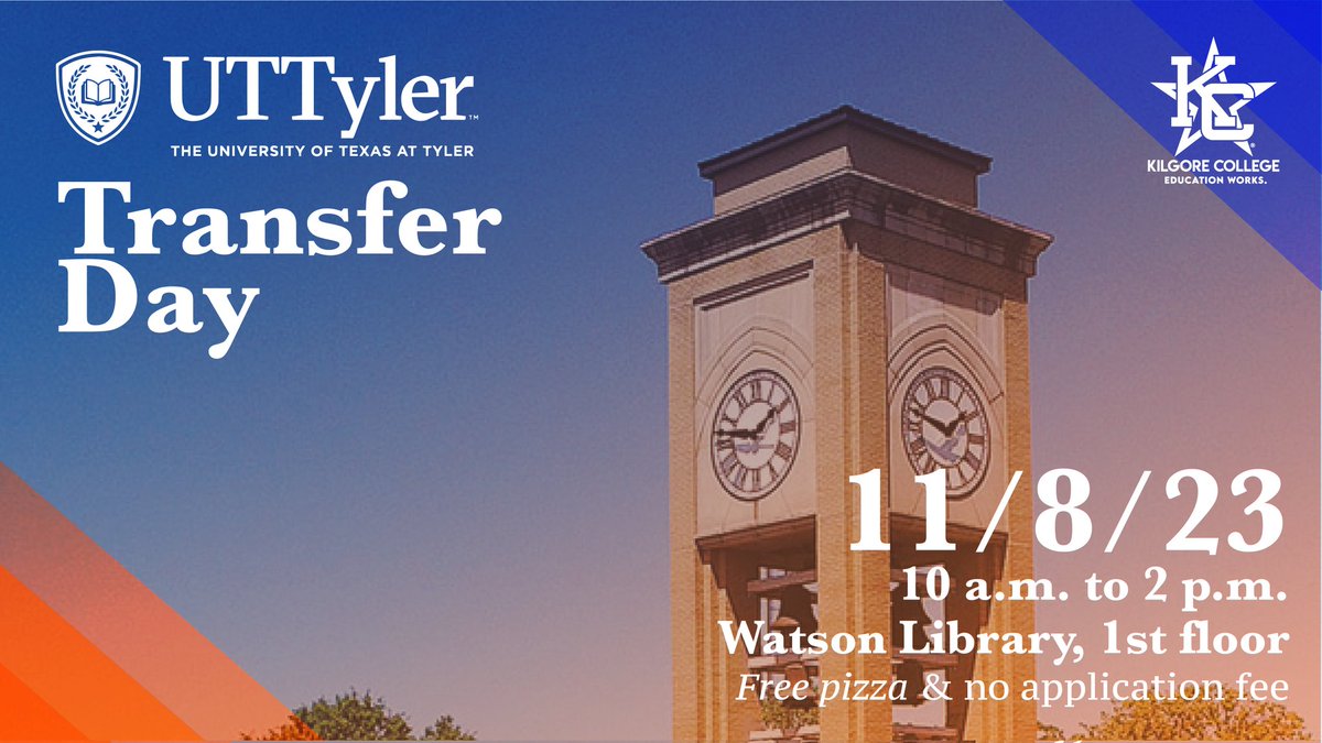 KCBCOMProgram's tweet photo. Representatives from @UTTyler will be on hand Wednesday (11/8) to discuss transfer options with KC students. Students who apply to UT Tyler at this event will have their application fee waived. Join us for free pizza &amp; great information from 10-2 in the Watson Library. #WeAreKC https://t.co/N8MHcEOV39