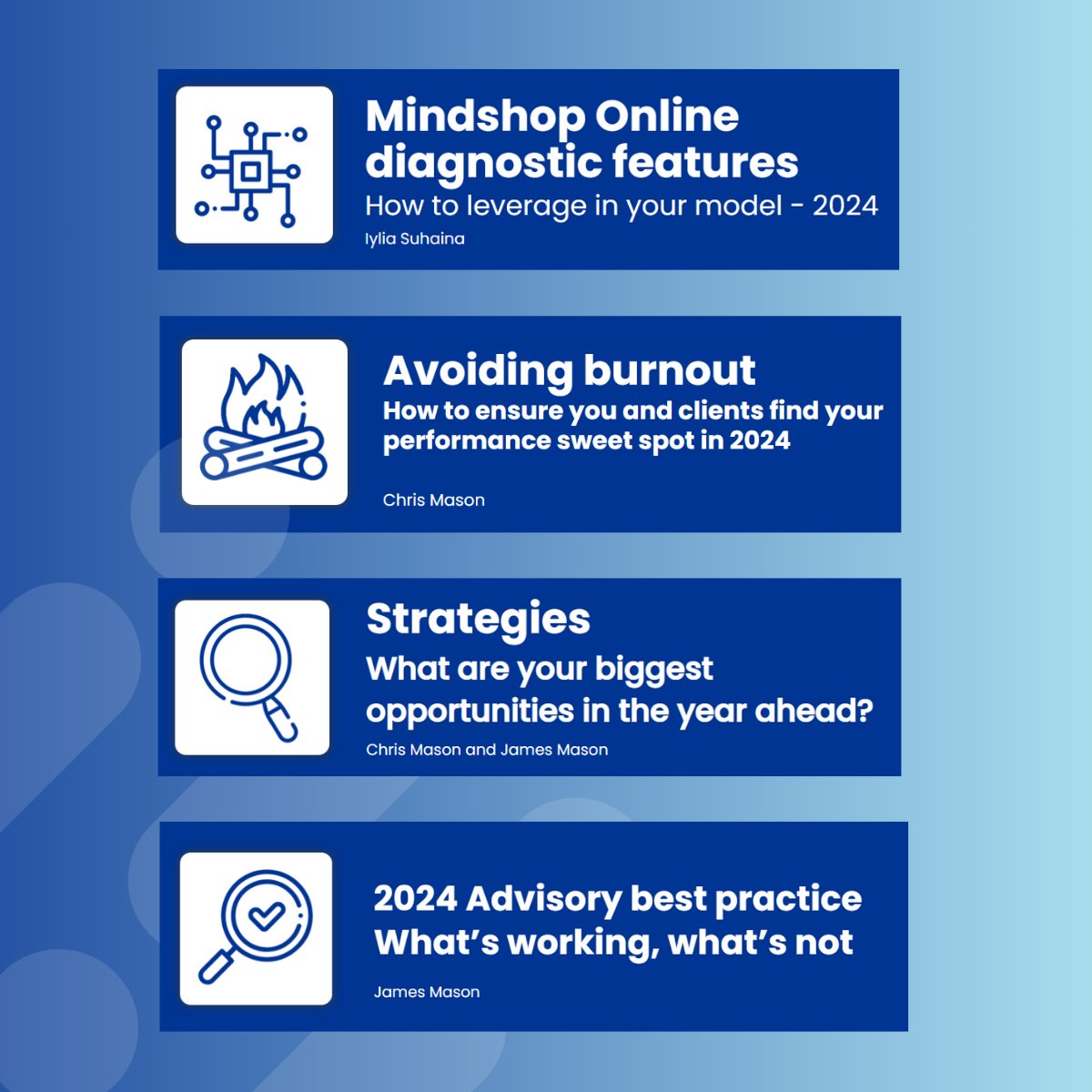 ⏱️ NEXT WEEK Mindshop Virtual Accelerator Workshops
<a href="/JamesMason888/">James Mason</a> <a href="/cmasonmindshop1/">Chris Mason</a> 
➡️ 5 ways to coach your clients
➡️ '24 advisory best practise
➡️ Leverage diagnostics
➡️ Avoid burnout +++
⏱️ Nov 14 AU 12pm | Nov 15 UK 9am | Nov 16 US 2pm EST
Register mindshop.com/main.nsf/event…