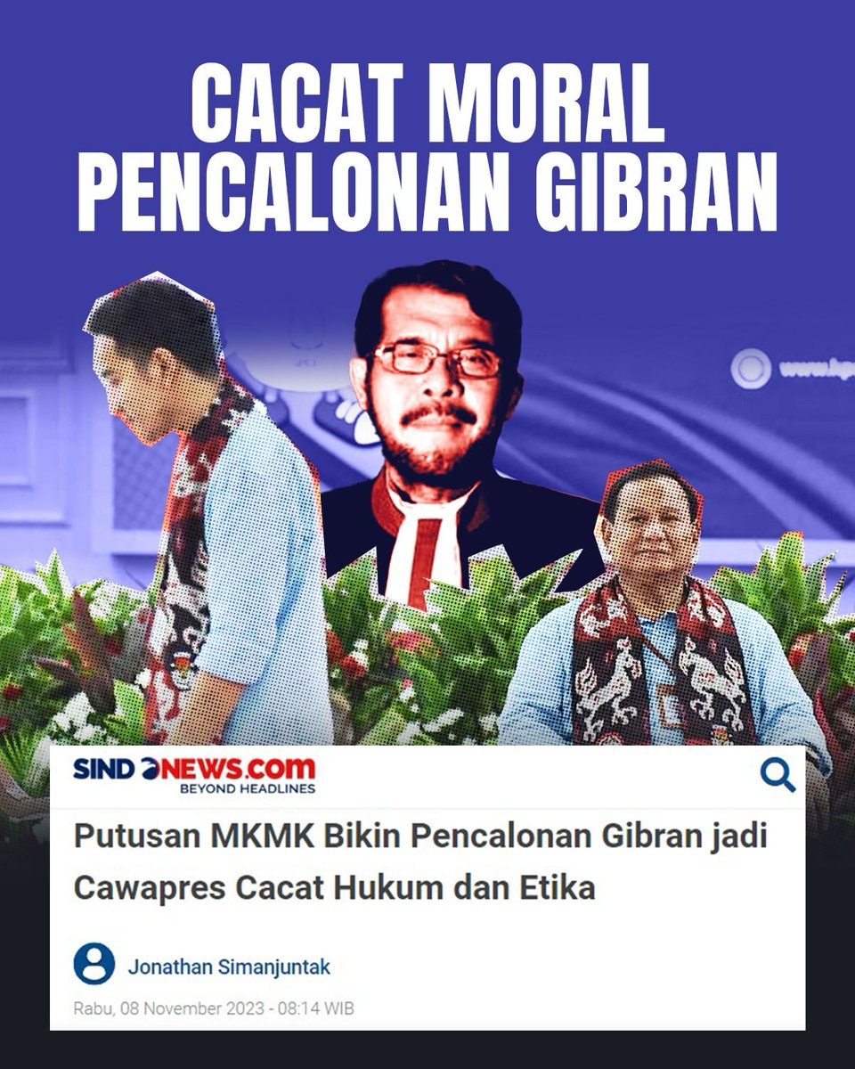 Yg setuju retweet, biar seluruh rakyat Indonesia tau. Gibran Cawapres Ilegal !!! Putusan MKMK Mencopot Anwar Usman Bikin Pencalonan Gibran Cacat Hukum dan Etika. jpnn.com/news/putusan-m…