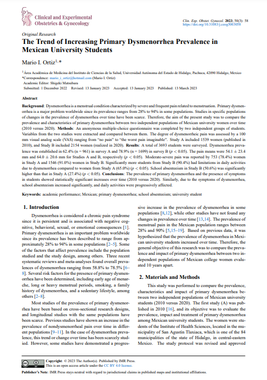 CEOGjournal's tweet photo. "The Trend of Increasing Primary Dysmenorrhea Prevalence in Mexican University Students" has been published in @CEOGjournal.
You can read more at https://t.co/y1lxNWwP6G
#academic_performance
#Mexican
#primary_dysmenorrhea
#school_absenteeism
#university_student https://t.co/MjGvsEDsSr