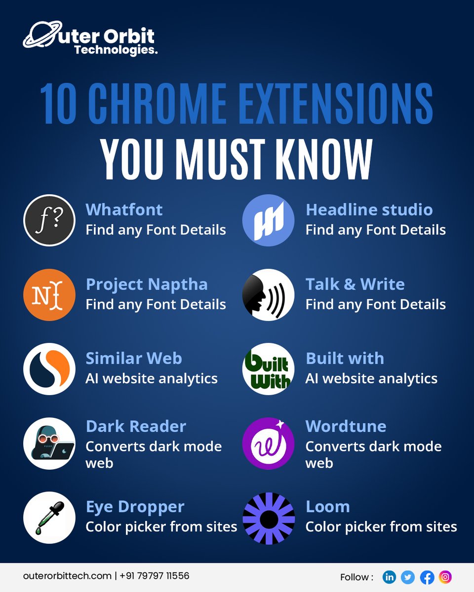 OuterOrbitTech's tweet image. &quot;Unlock the power of Chrome with these 10 must-have extensions! 💡🌐 Supercharge your browsing experience for ultimate productivity and efficiency. #TechTools #ChromeHacks #outerorbittech &quot;