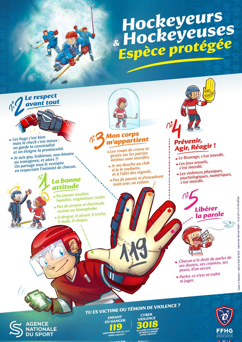 🖐🏽 Campagne de lutte contre les violences de la FFHG

Félicitations à <a href="/Hockey_FRA/">Équipes de France Hockey 🏒</a> pour cette initiative afin de sensibiliser et protéger ses licenciés 🏒
cc <a href="/Sports_gouv/">Ministère des Sports 🇫🇷</a>

#Sport #Hockey
#TousConcernés