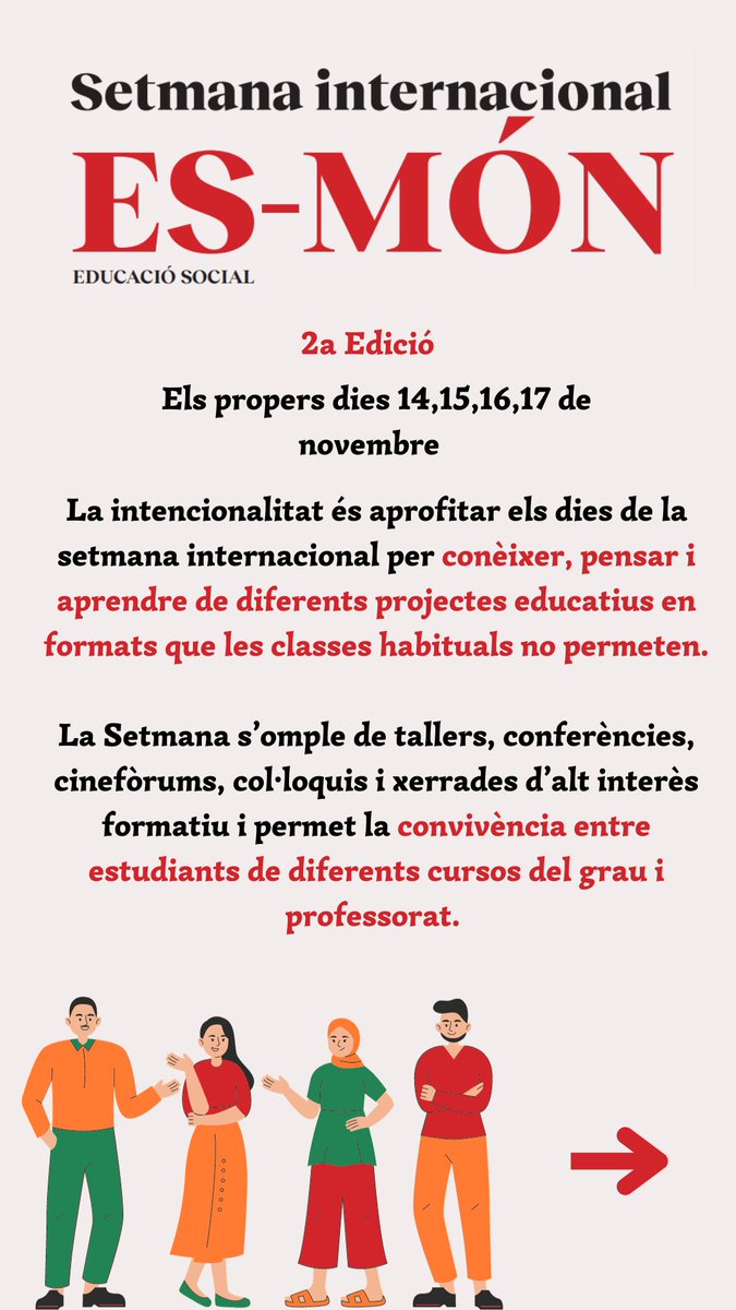 UVic_FETEP's tweet photo. 🔊 Del 14 al 17 de novembre 2023 celebrarem la 2a edició de la setmana Internacional #Es_Món a la @uvic_ucc
⬇️ A continuació us deixem la informació i el programa del #Es_Món:
#EducacióSocial #Es_Món #uvic_ucc #fetep https://t.co/33Hj7EU3dn