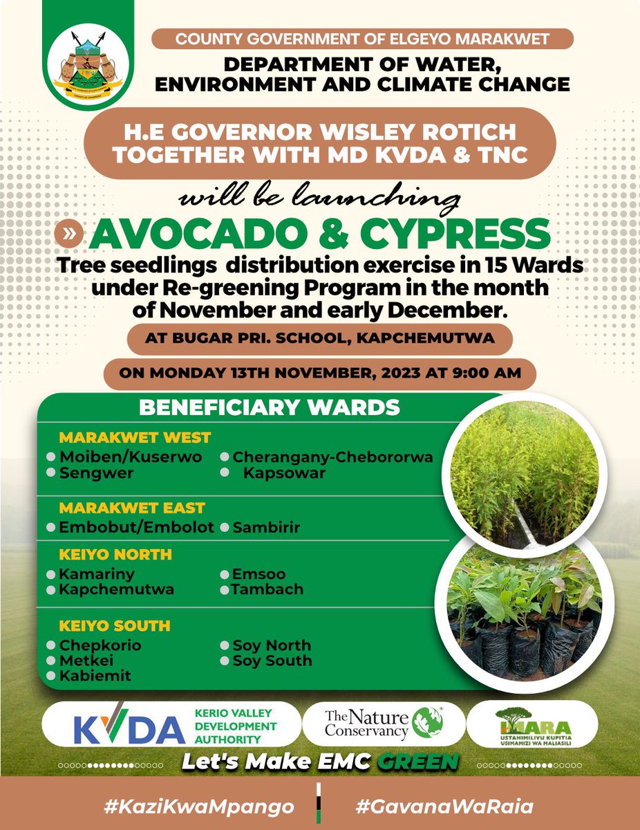 As we embrace the positive effects of the current rains of above average, <a href="/ElgeyoMarakwetC/">Elgeyo Marakwet County</a> is walking the talk and ensuring our farmers take advantage of the rains. In EMC we resorted to Growing and nurturing trees (Fruits, Exotic and Indigenous) and in this breath we will be