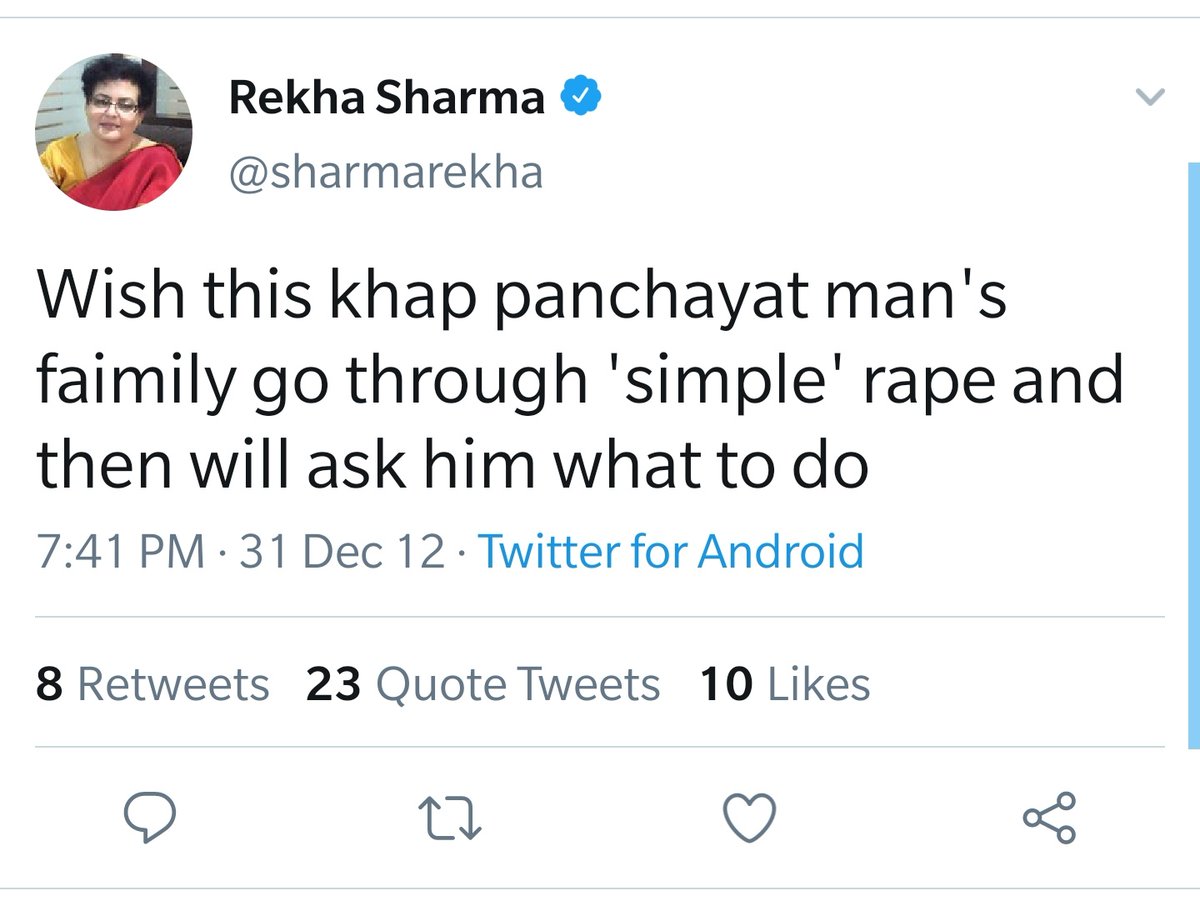 Yesterday, NCW's Chairperson Rekha Sharma was angry & “deeply concerned” after listening to @NitishKumar's speech in Parliament. Thought of reminding @NCWIndia's chairperson @sharmarekha of her old misogynistic and objectionable tweets. (The first screenshot is photoshop)