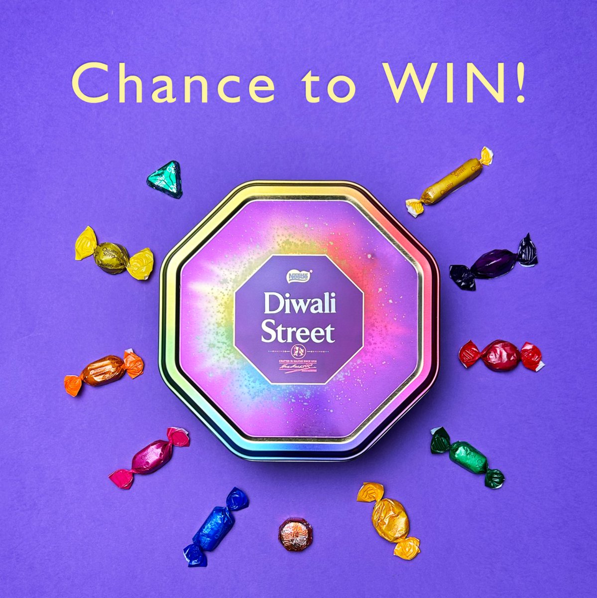 To celebrate #Diwali this weekend, we’re giving you the chance to #WIN a Diwali Tin ✨🍬💜 To enter: ✨ RETWEET this post ✨ FOLLOW @QualityStreetUK UK, IoM, CI and ROI. 18+. Max 1 entry/person, 1 win/household. Closes at 23:59 on 08/11/2023. T&Cs apply nes.tl/QualityStreetD…